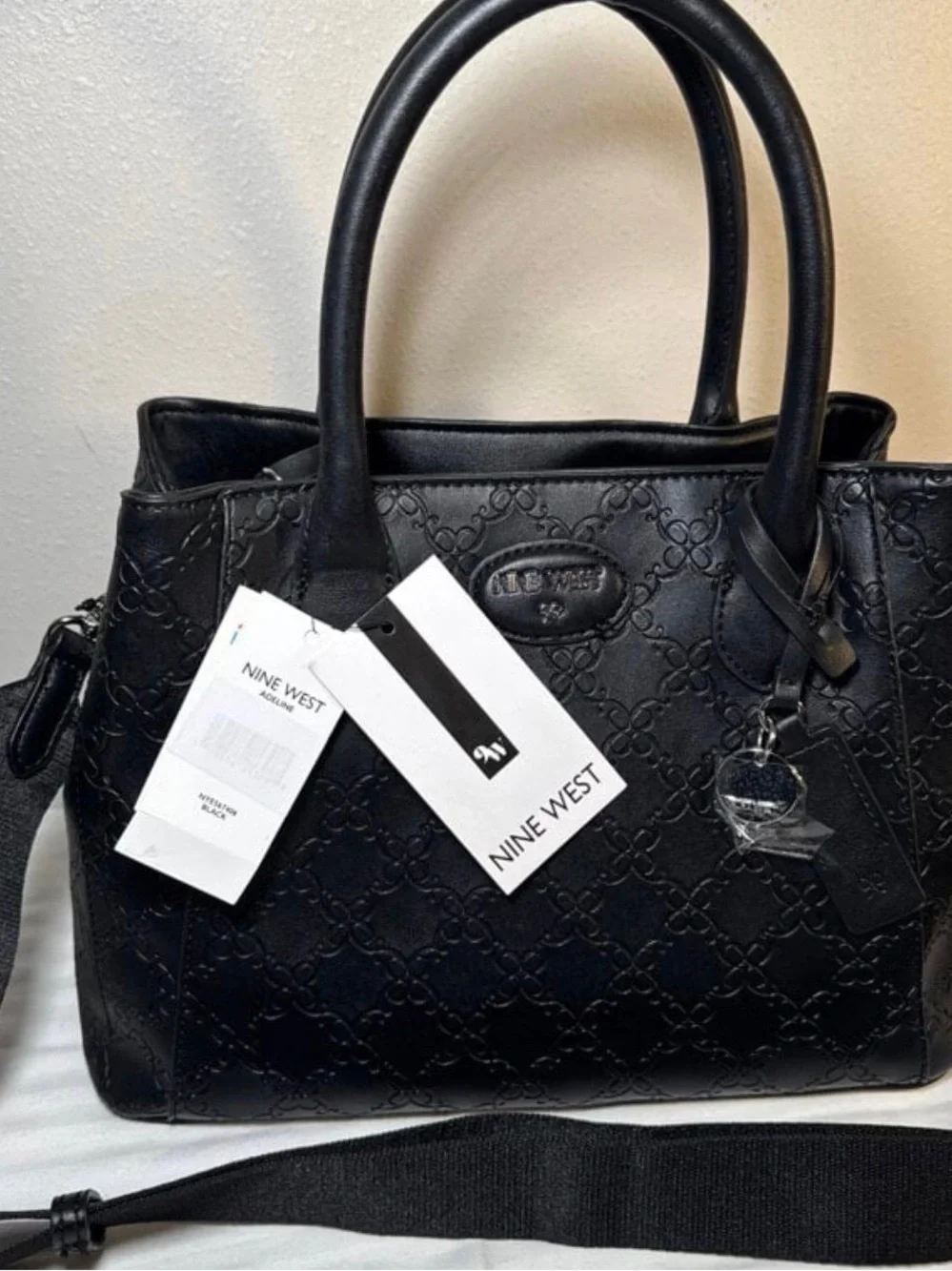 Nine West Black Embossed Satchel with Top Handles